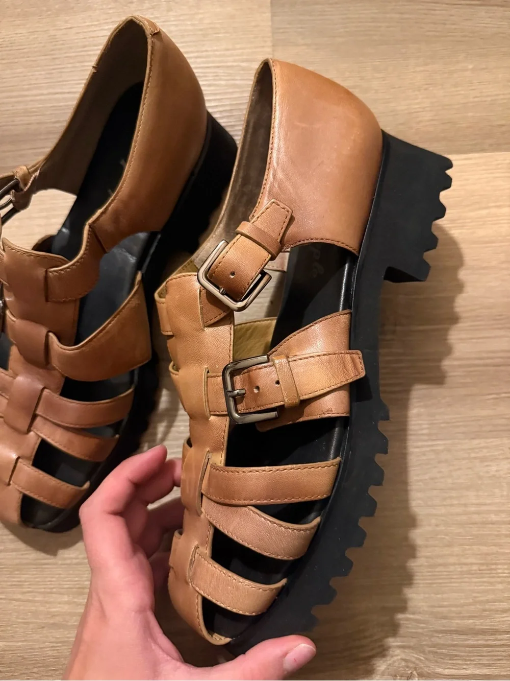 Free People Cognac Leather Buckle Fisherman Sandals